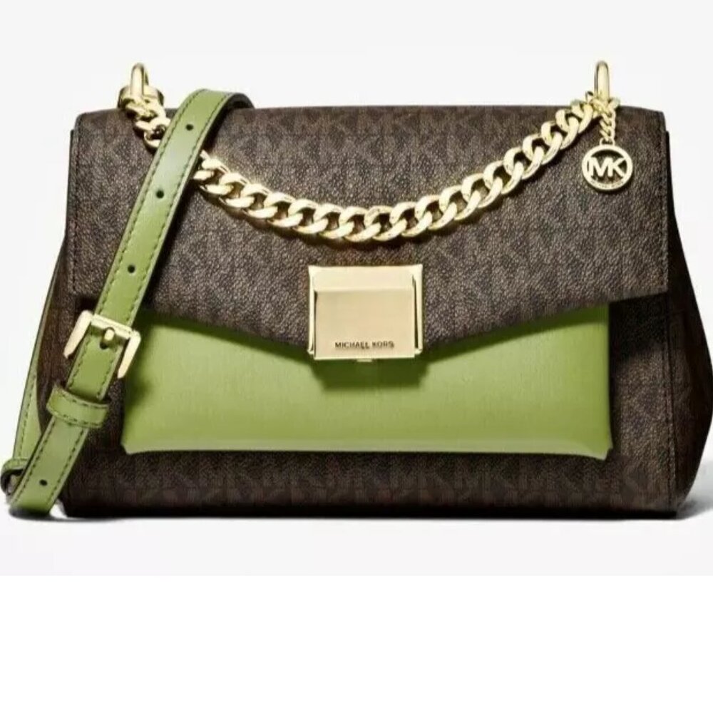 MICHAEL KORS LITA MD BROWN LOGO SAGE GREEN LEATHER CROSSBODY SHOULDER BAG NWT